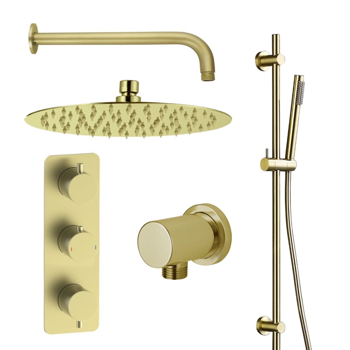 Arc Brushed Brass Triple Concealed Thermostatic T Box Shower with Overhead & Slide Rail with Handset