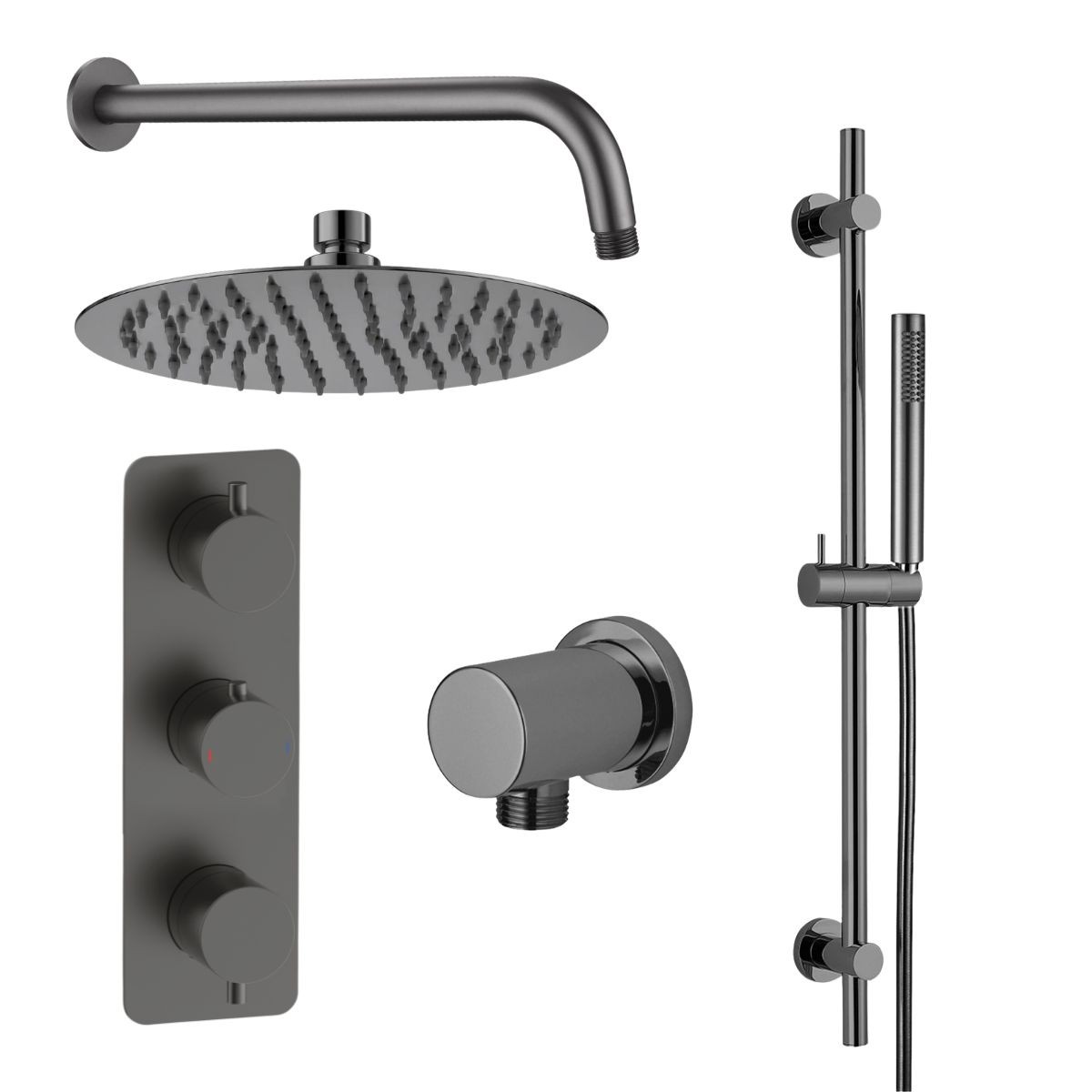Arc Gunmetal Triple Concealed Thermostatic T Box Shower with Overhead & Slide Rail with Handset