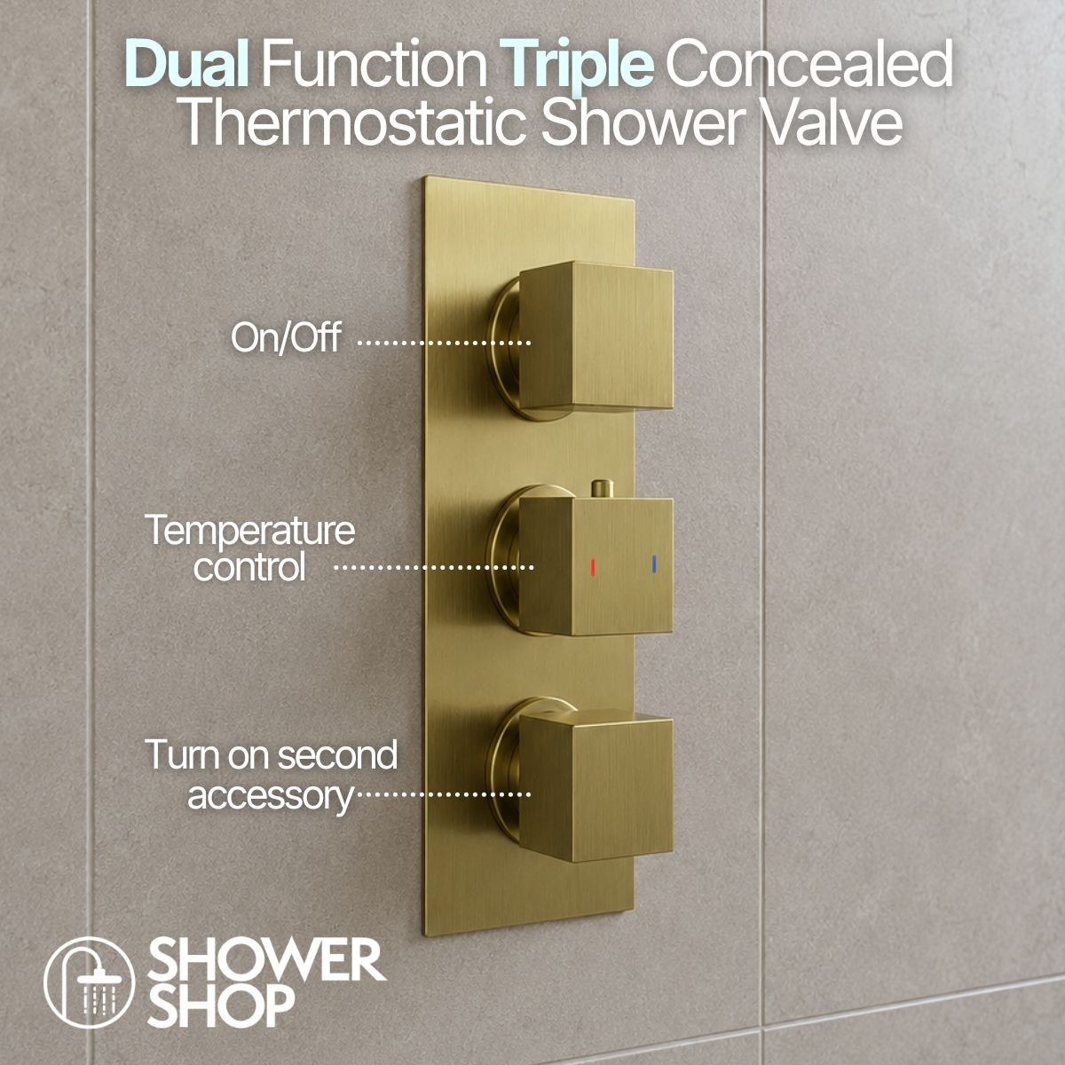 Cube Brushed Gold Triple Concealed Themostatic Shower Valve