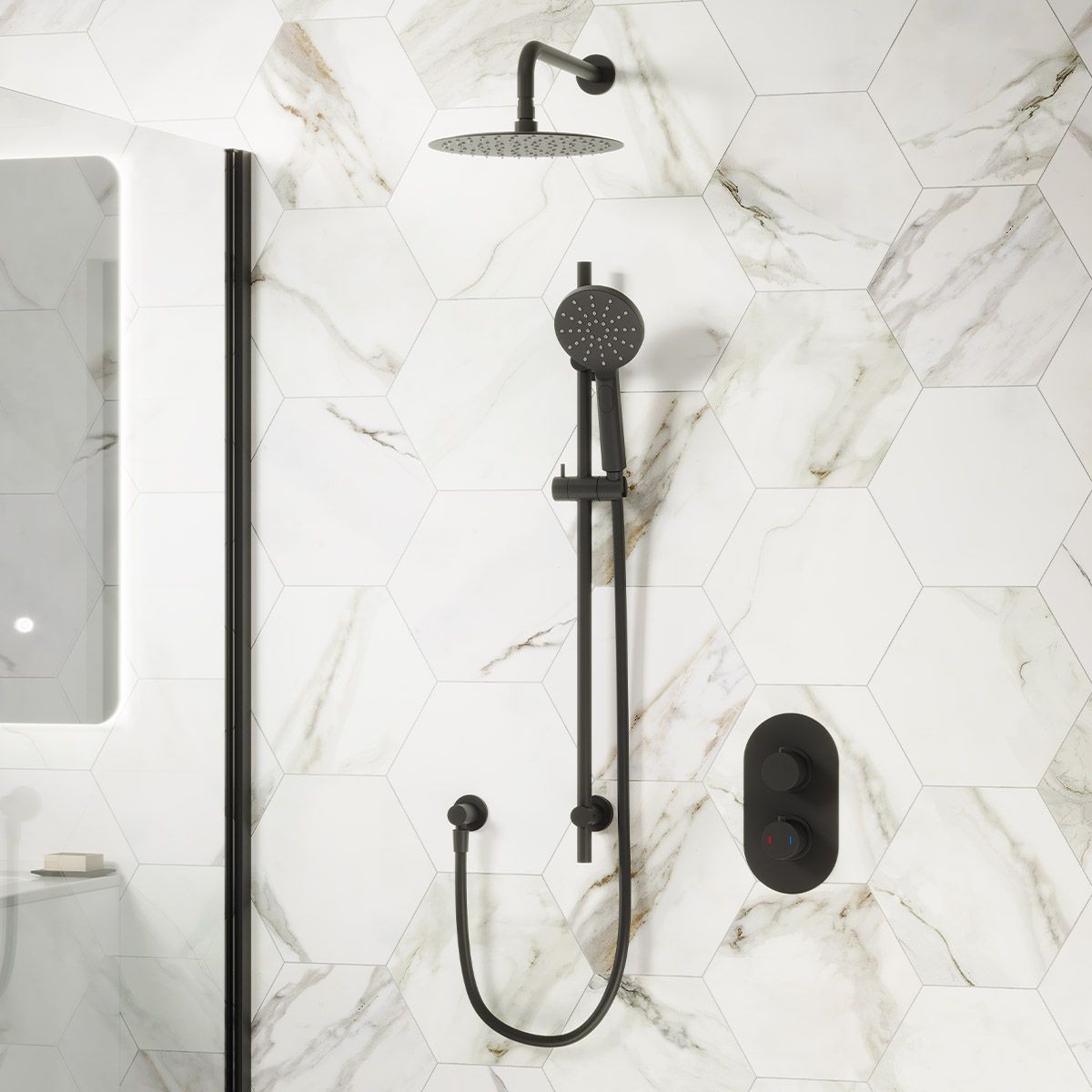 Globe Matt Black Dual Function Concealed Thermostatic Shower with Overhead & Slide Rail with Handset
