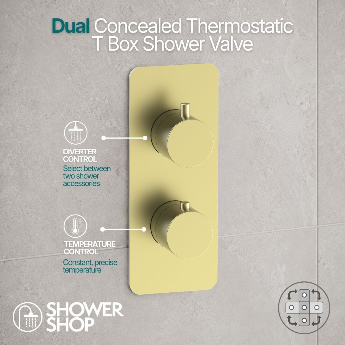 Arc Brushed Brass Dual Concealed Thermostatic T Box Shower Valve