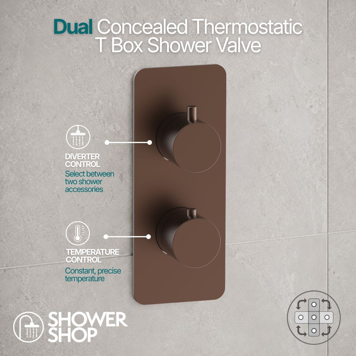Arc Brushed Bronze Dual Concealed Thermostatic T Box Shower Valve