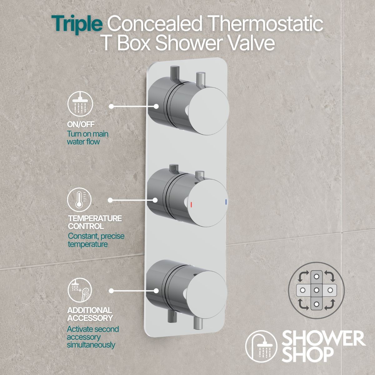 Arc Chrome Triple Concealed Thermostatic T Box Shower Valve