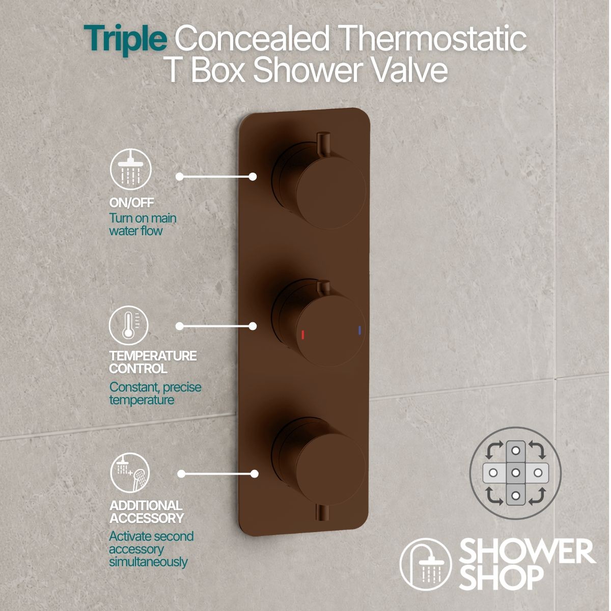 Arc Brushed Bronze Triple Concealed Thermostatic T Box Shower Valve