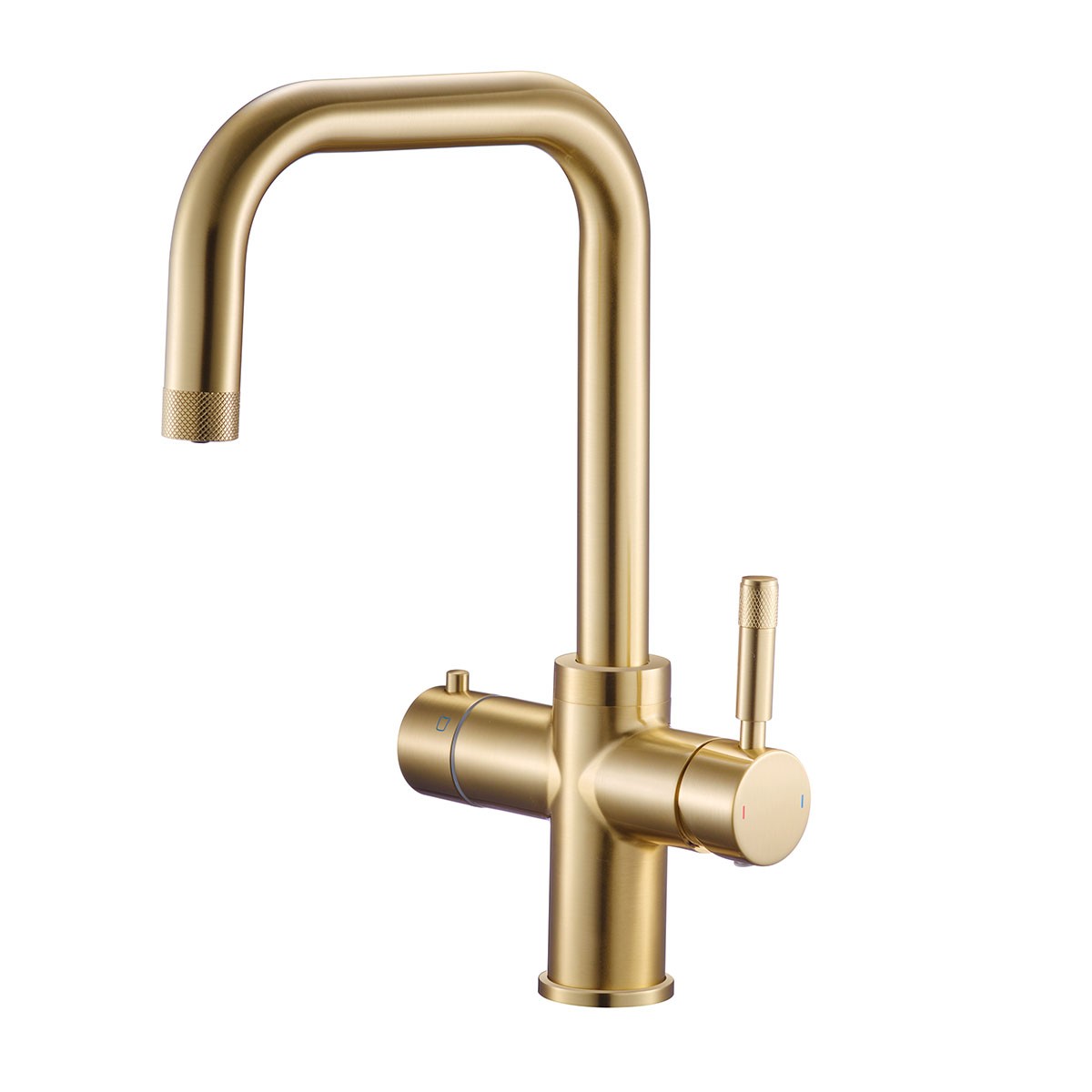 Amara Brushed Brass 4 in 1 Boiling Water Kitchen Mixer with Boiler & Filter with Knurling Handle & Spout