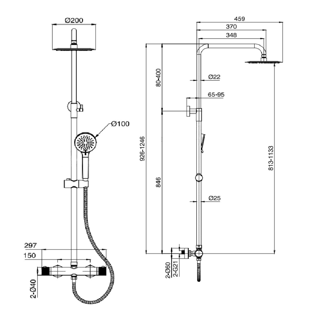 Globe Chrome Push Button Thermostatic Bar Shower with Overhead & Slide Rail with Handset