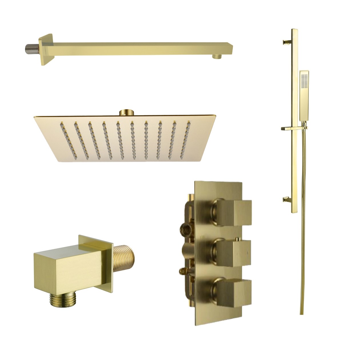 Cube Brushed Gold Triple Concealed Thermostatic Shower with Overhead & Slide Rail with Handset