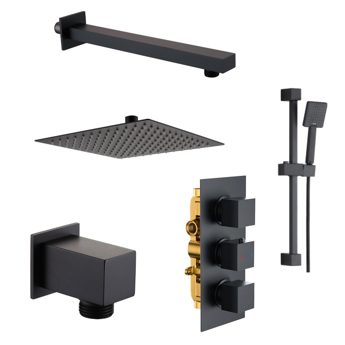 Cube Matt Black Triple Concealed Thermostatic Shower with Overhead & Slide Rail with Handset