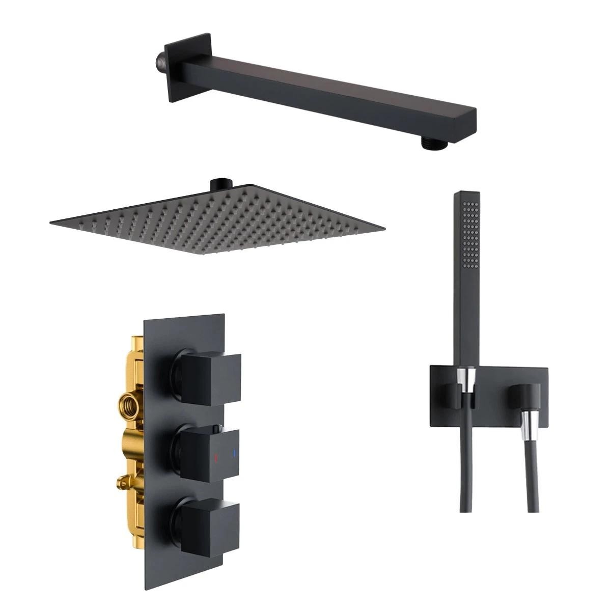 Cube Matt Black Triple Concealed Thermostatic Shower with Overhead & Handset & Hose