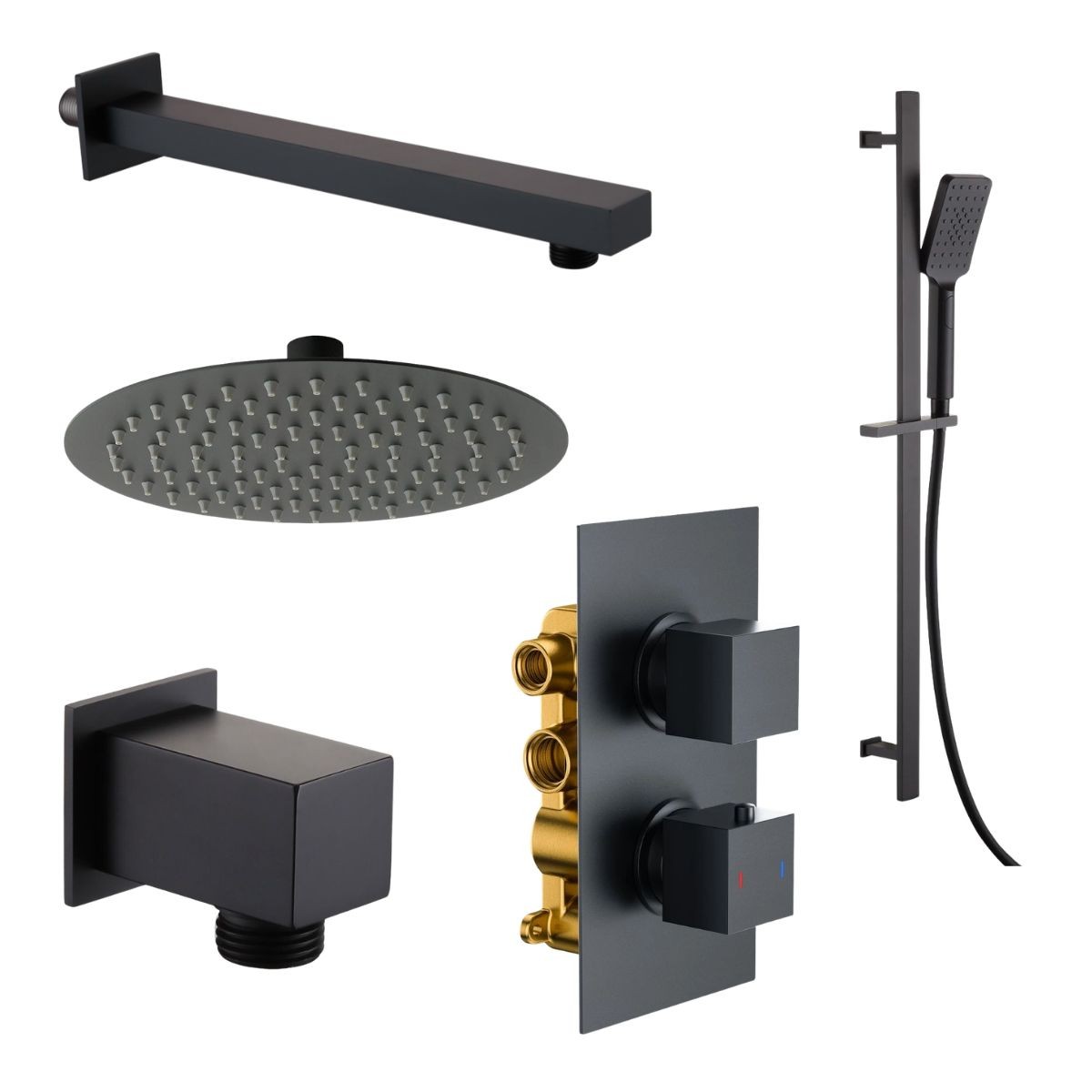 Cube Matt Black Dual Function Concealed Thermostatic Shower with Overhead & Slide Rail with Handset