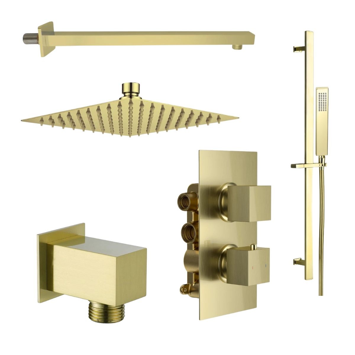 Cube Brushed Brass Dual Function Concealed Thermostatic Shower with Overhead & Slide Rail with Handset