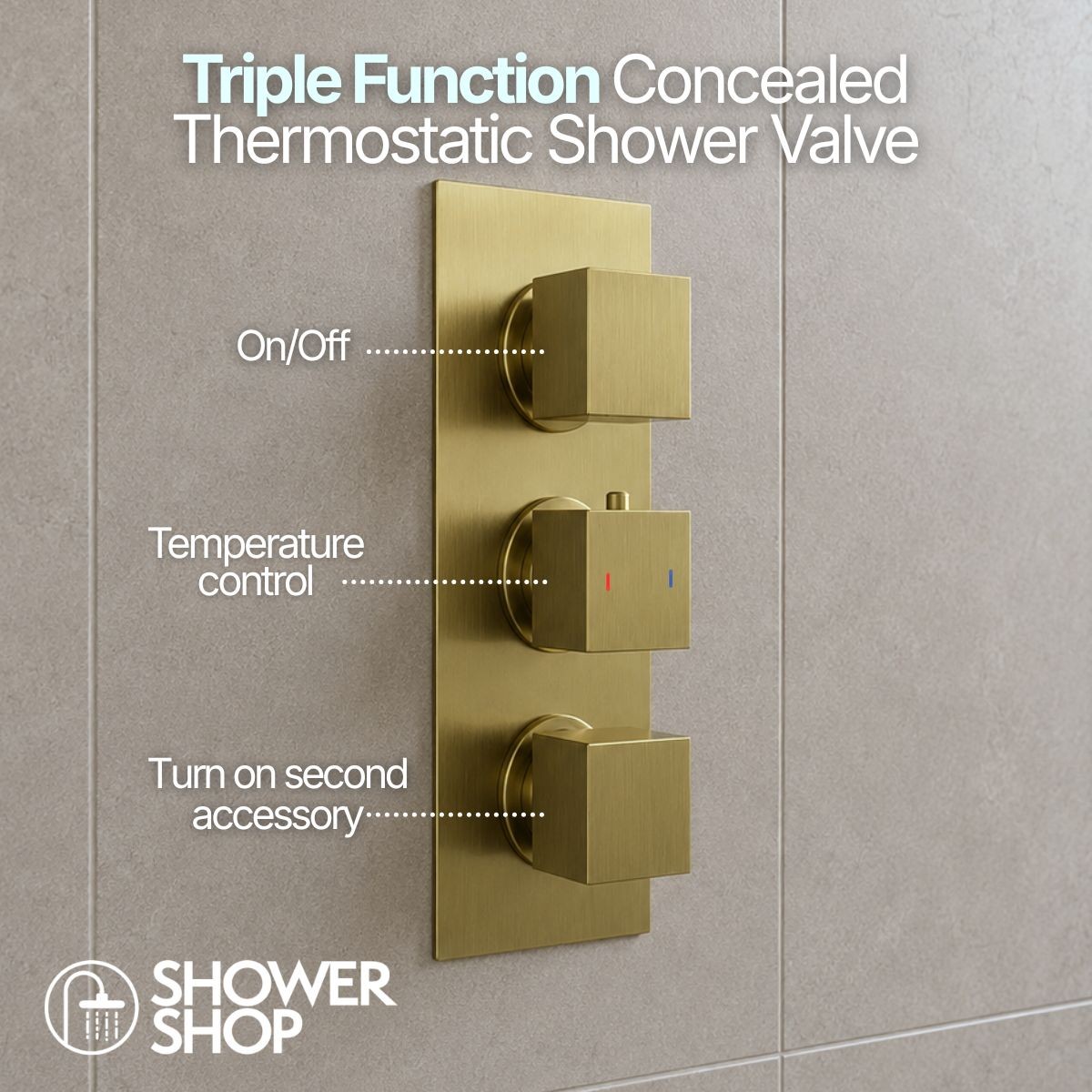 Cube Brushed Brass Triple Concealed Thermostatic Shower with Overhead & Slide Rail with Handset