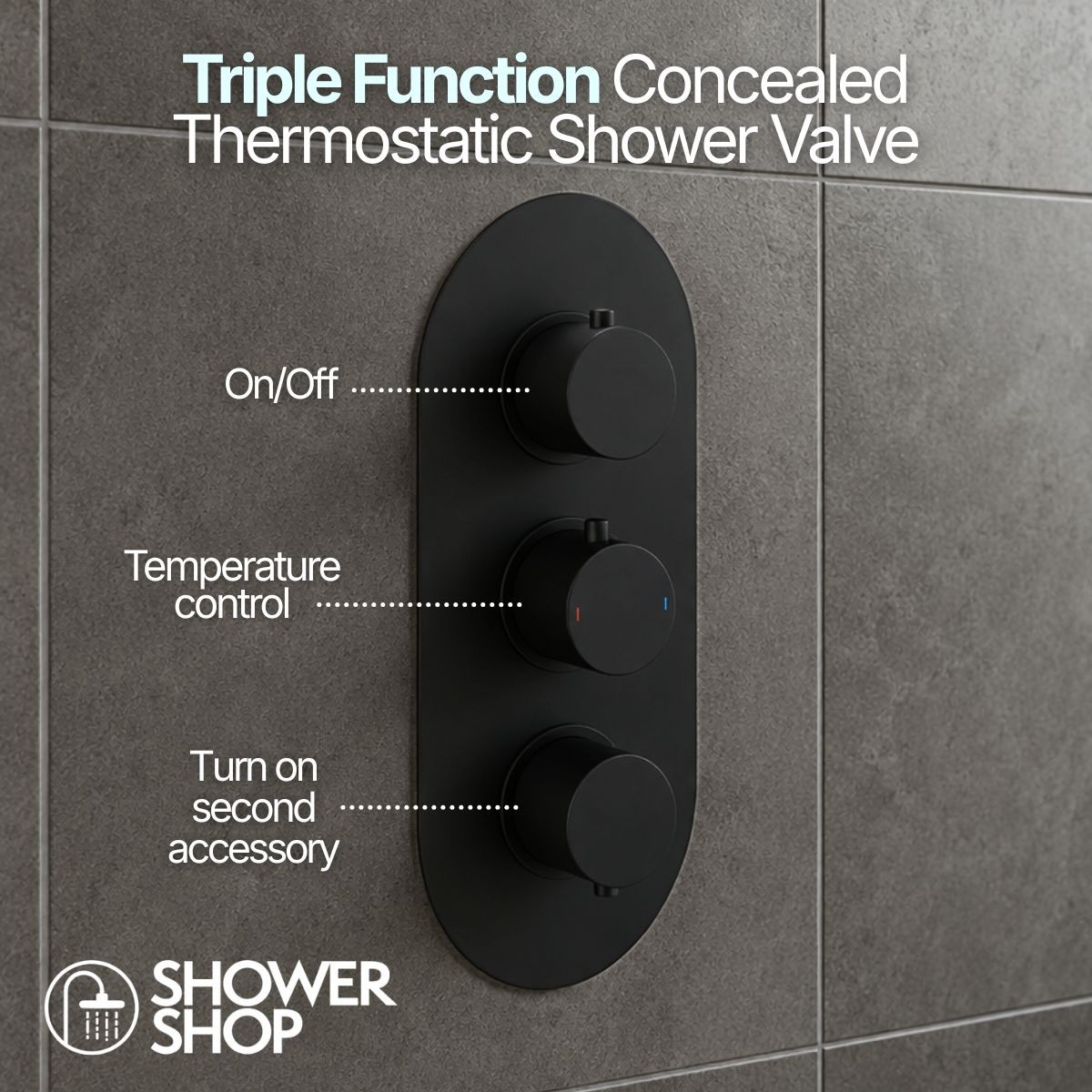 Globe Matt Black Triple Concealed Thermostatic Shower with Overhead & Slide Rail with Handset