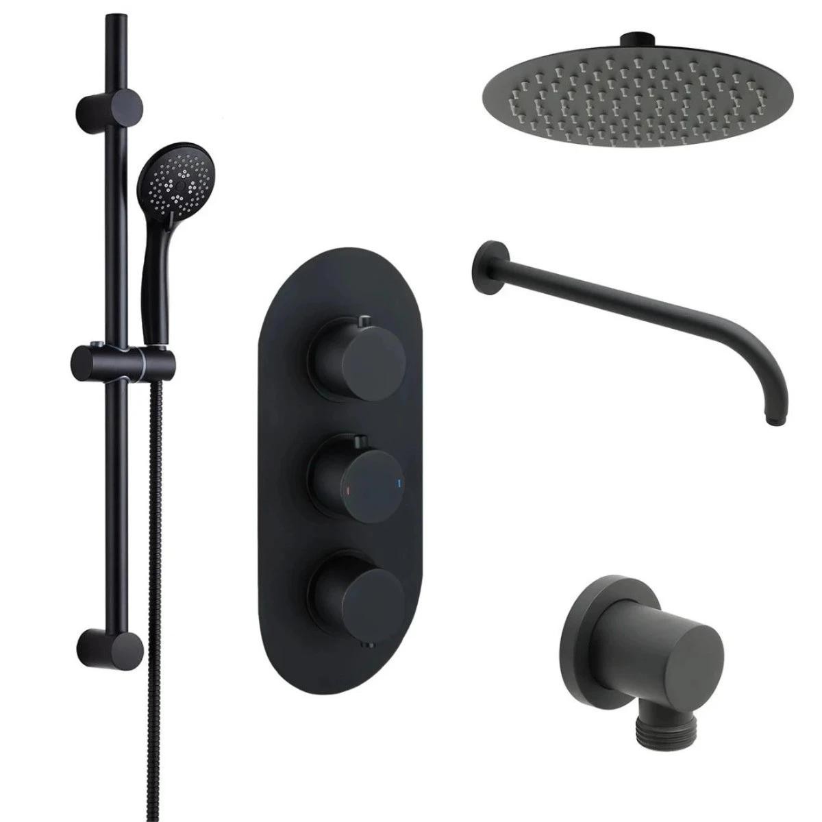 Globe Matt Black Triple Concealed Thermostatic Shower with Overhead & Slide Rail with Handset