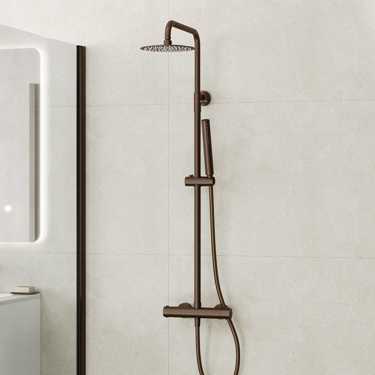 Globe Brushed Bronze Thermostatic Cool Touch Bar Shower with Overhead & Slide Rail with Handset