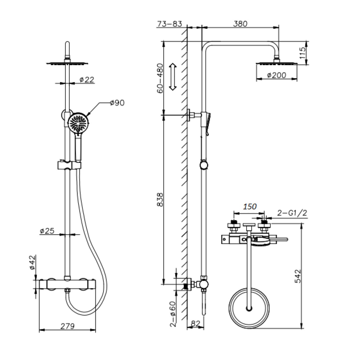 Cube Chrome Thermostatic Cool Touch Bar Shower with Overhead & Slide Rail with Handset