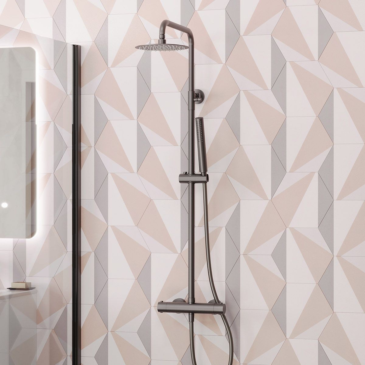 Cube Gunmetal Thermostatic Cool Touch Bar Shower with Overhead & Slide Rail with Handset