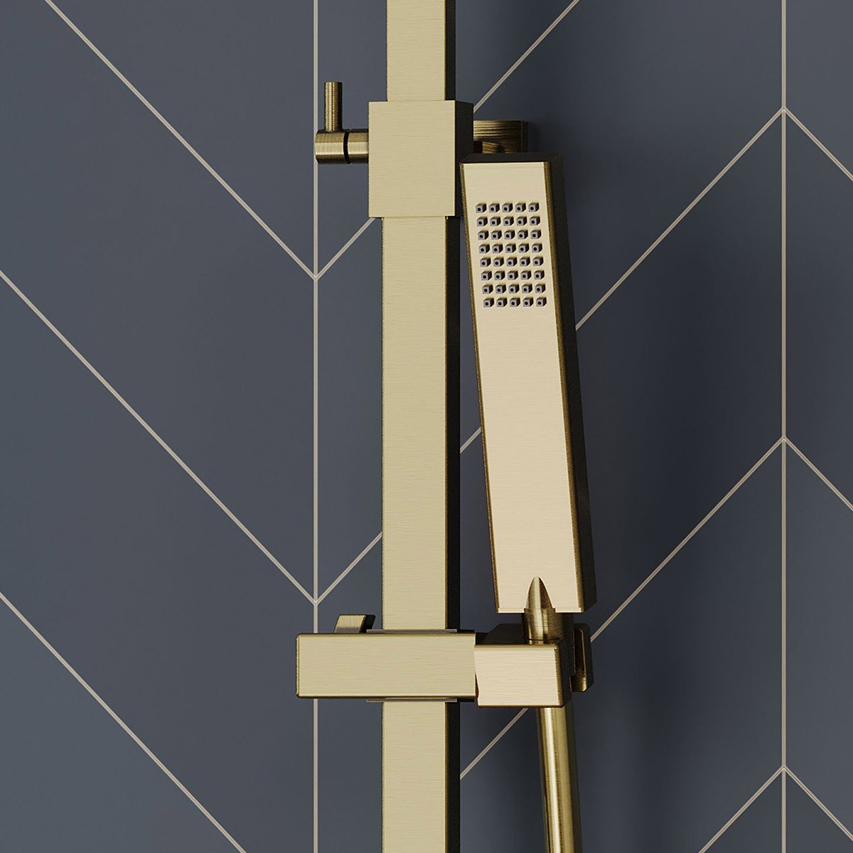 Cube Brushed Brass Thermostatic Cool Touch Bar Shower with Overhead & Slide Rail with Handset