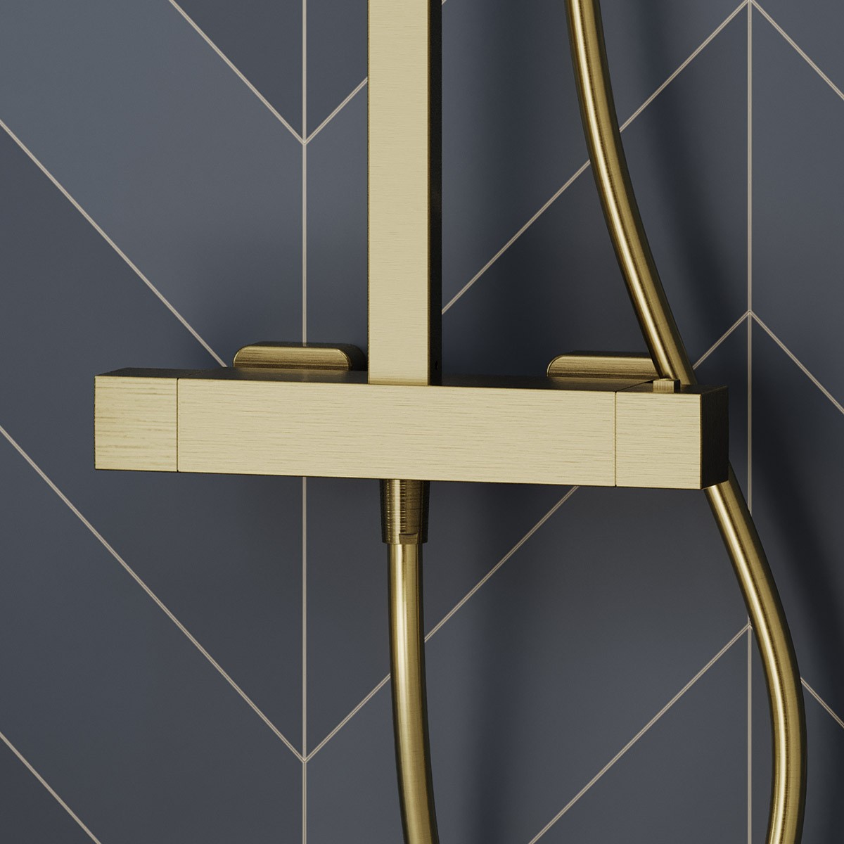 Cube Brushed Brass Thermostatic Cool Touch Bar Shower with Overhead & Slide Rail with Handset