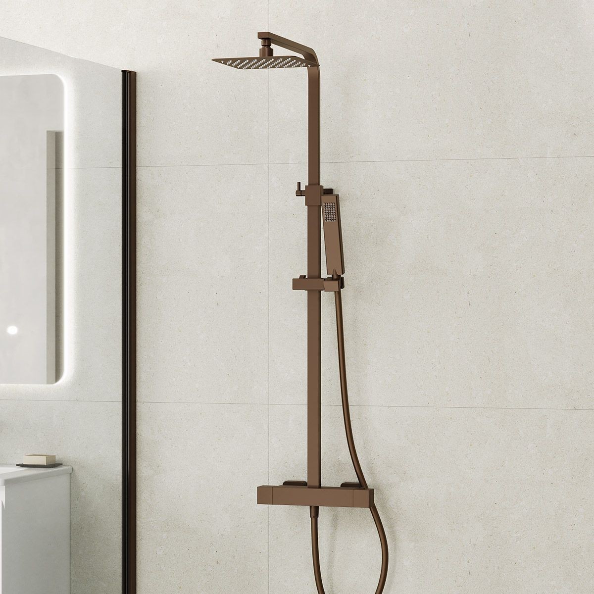 Cube Brushed Bronze Thermostatic Cool Touch Bar Shower with Overhead & Slide Rail with Handset