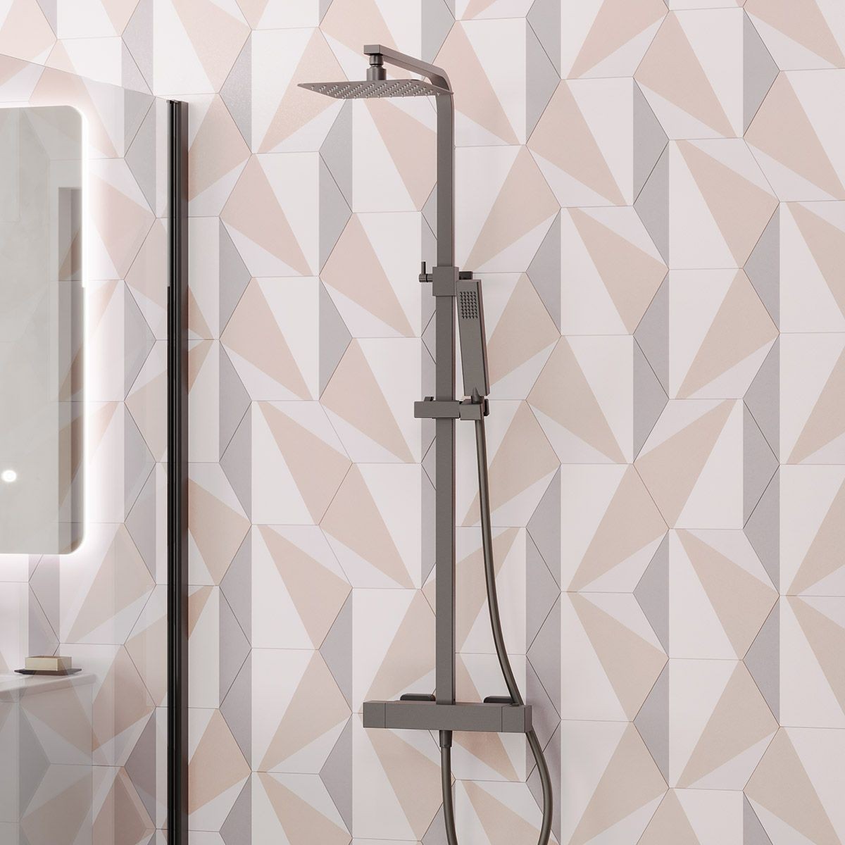 Cube Gunmetal Thermostatic Cool Touch Bar Shower with Overhead & Slide Rail with Handset