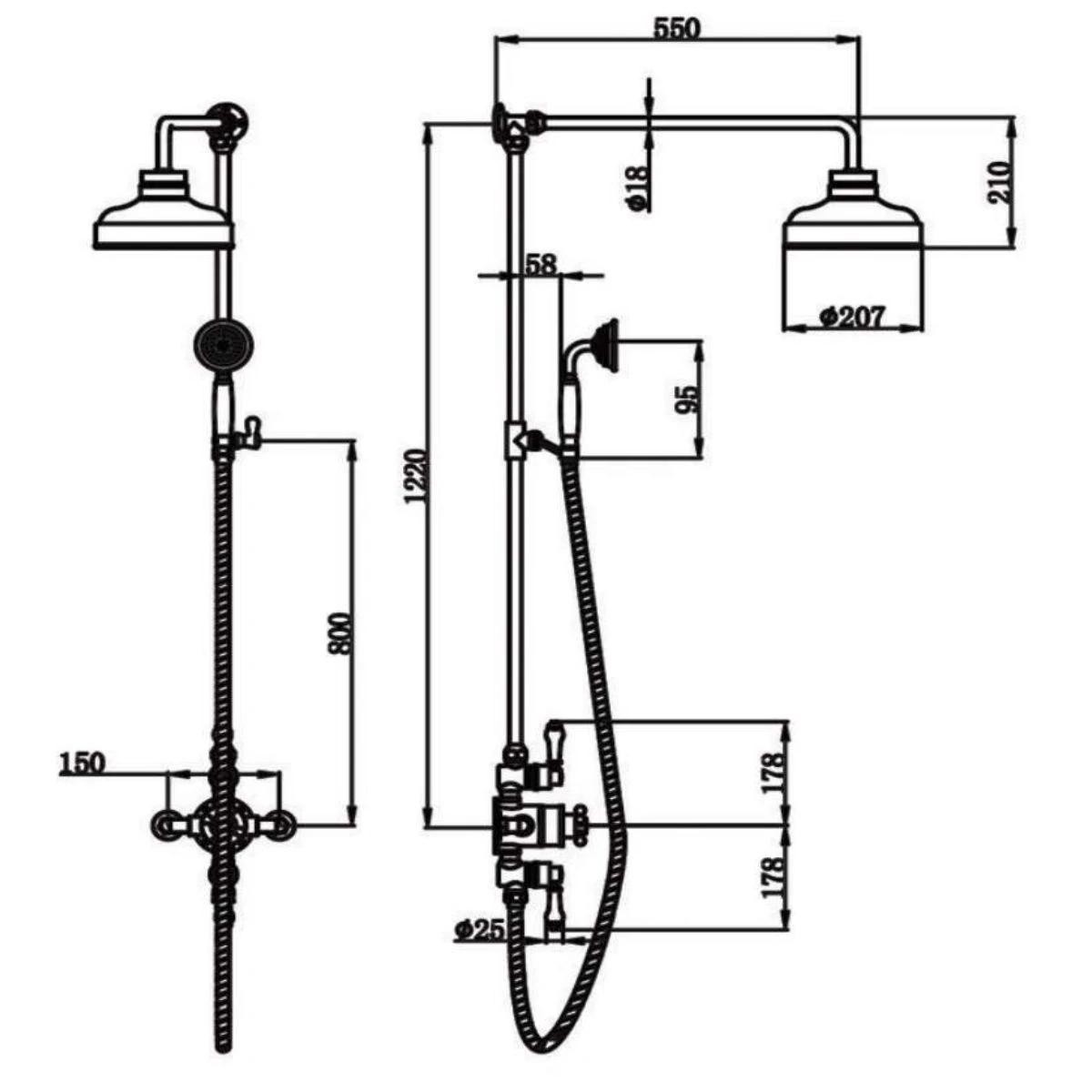 Downton Chrome Dual Traditional Shower with Overhead & Slide Rail with Handset
