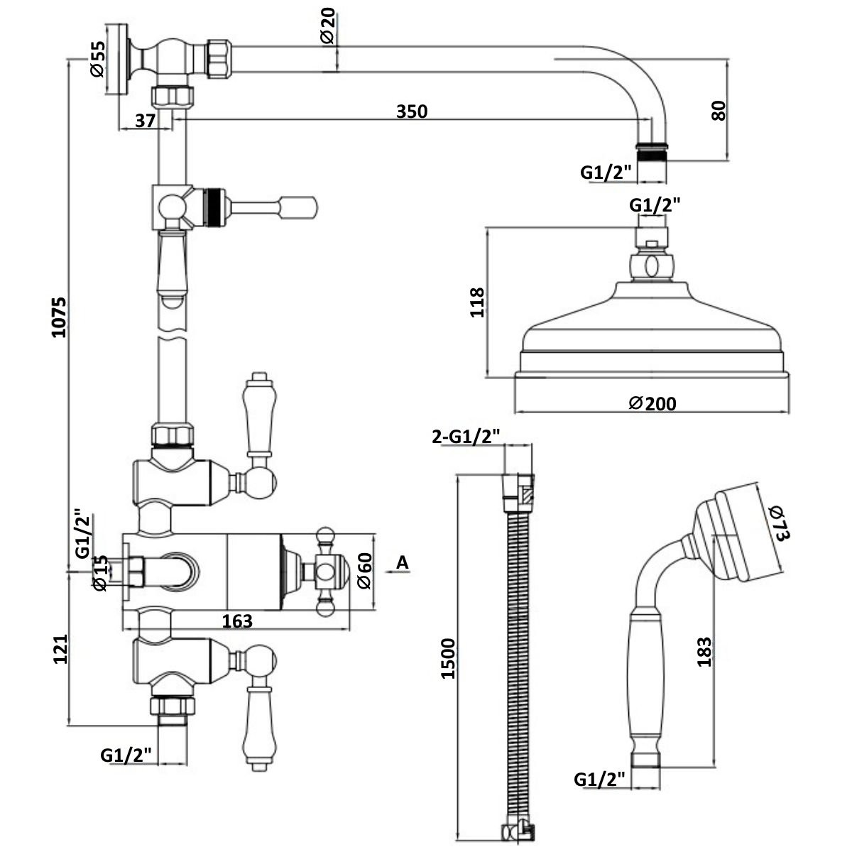 Abbey Chrome Dual Traditional Thermostatic Shower with Overhead & Slide Rail with Handset