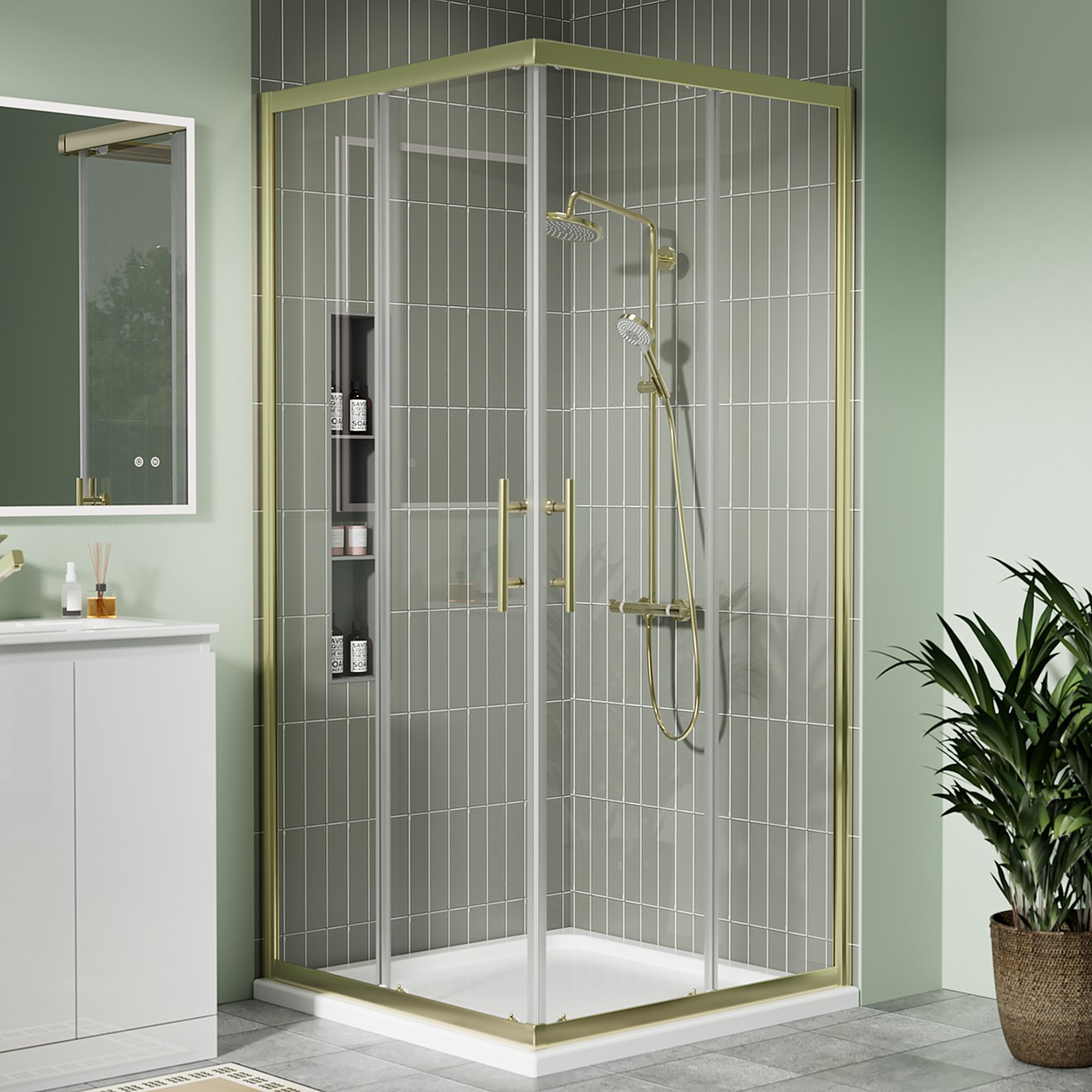 Crystal 6mm Brushed Brass Corner Entry 800x800mm