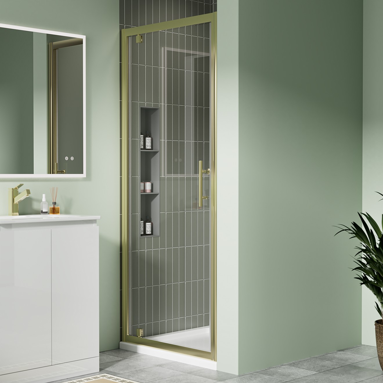 Crystal 6mm Brushed Brass Pivot Shower Door 700mm