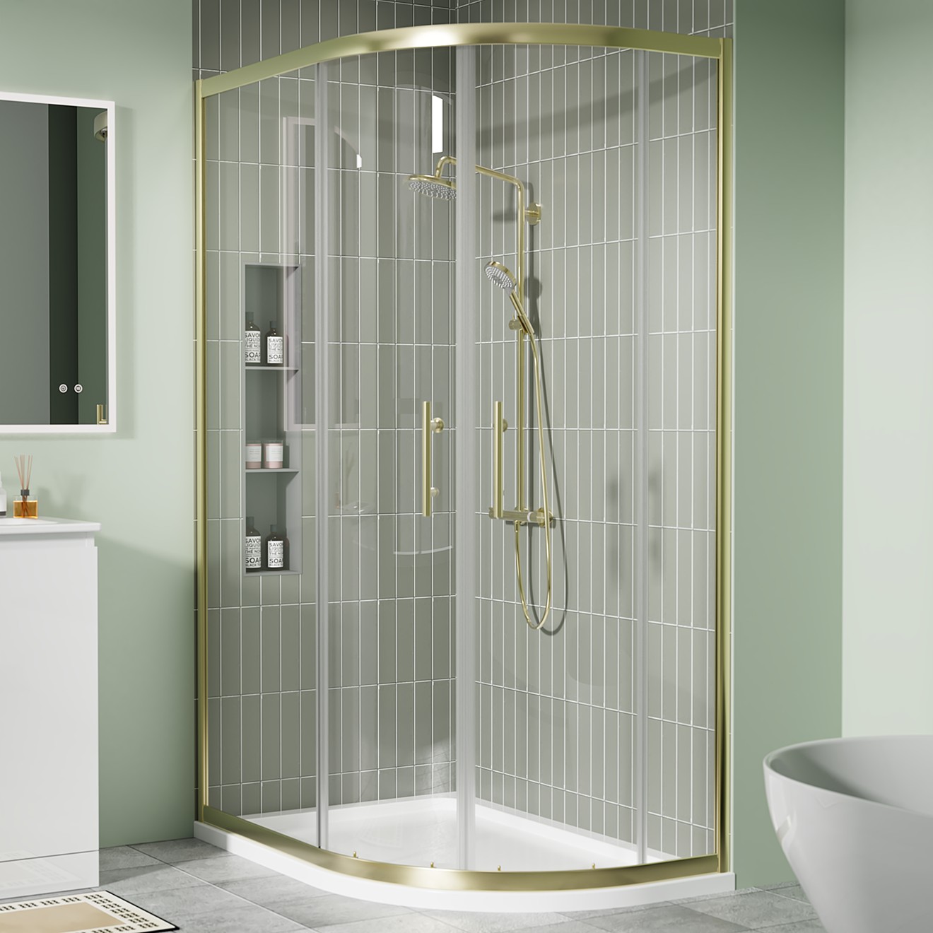Crystal 6mm Brushed Brass Offset Quadrant Shower Enclosure 1100x760mm