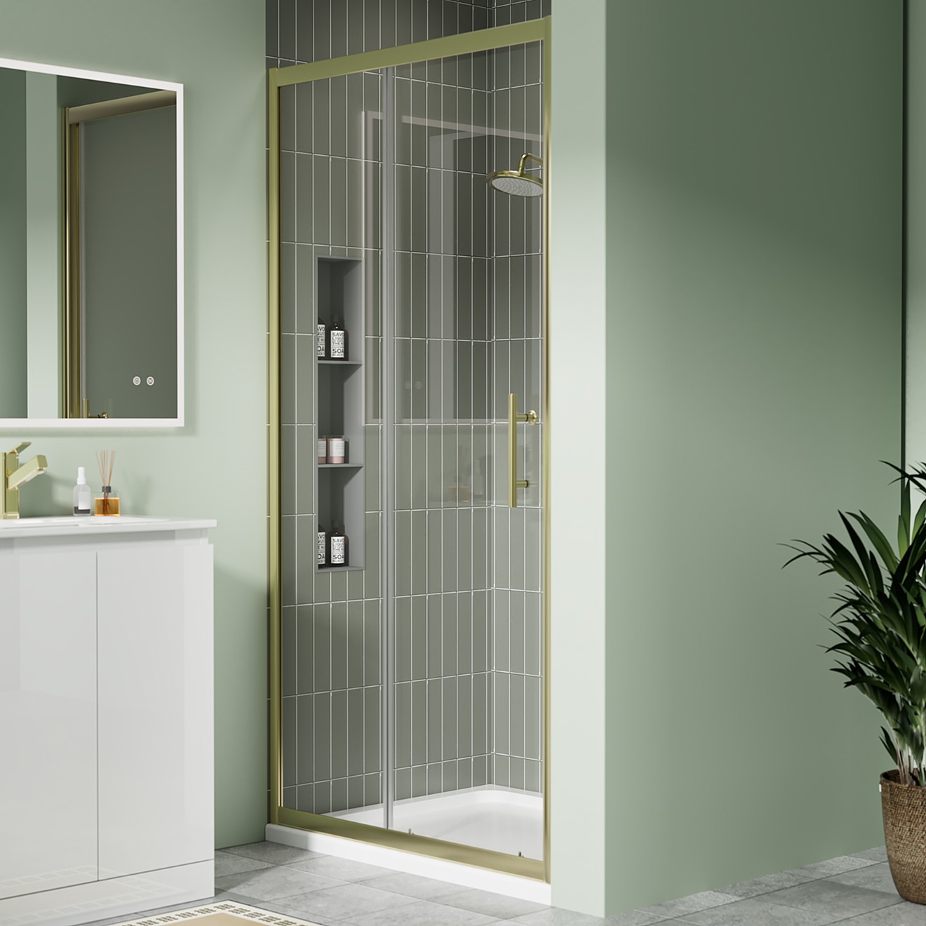 Crystal 6mm Brushed Brass Sliding Shower Door 1000mm