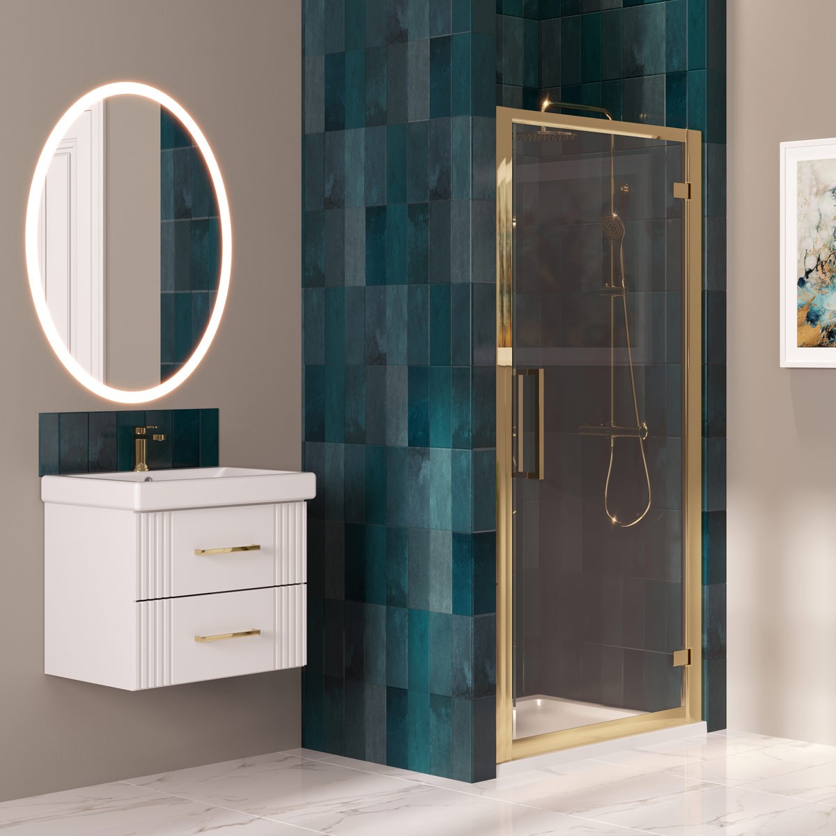 Emerald 8mm Brushed Brass Hinged Shower Door 900mm