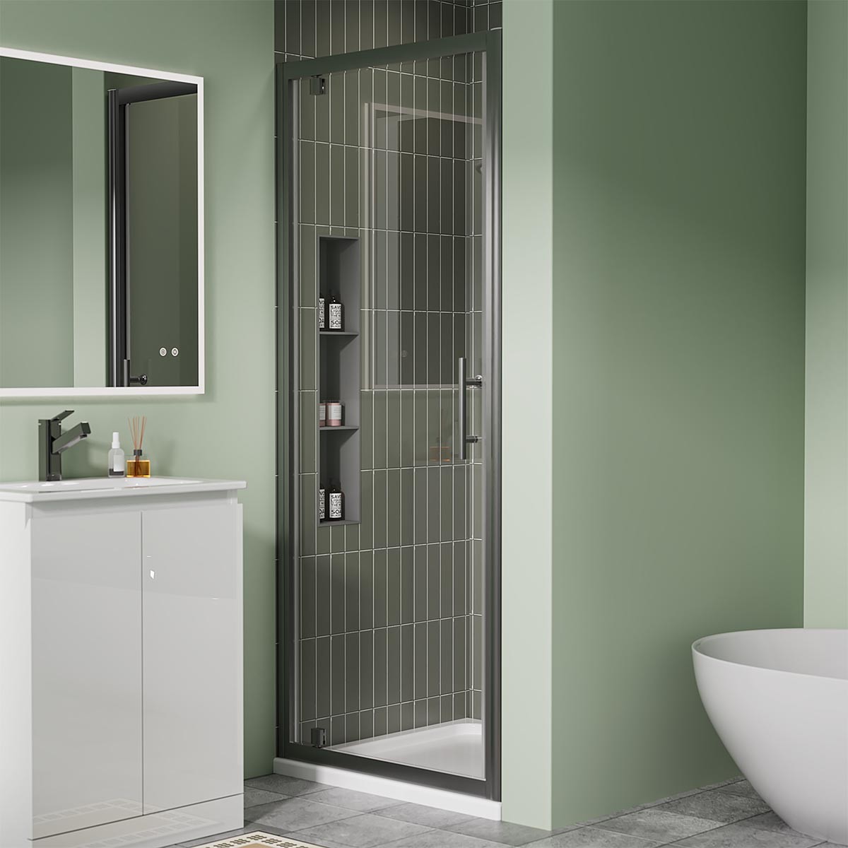 Crystal 6mm Gunmetal Pivot Shower Door 800mm