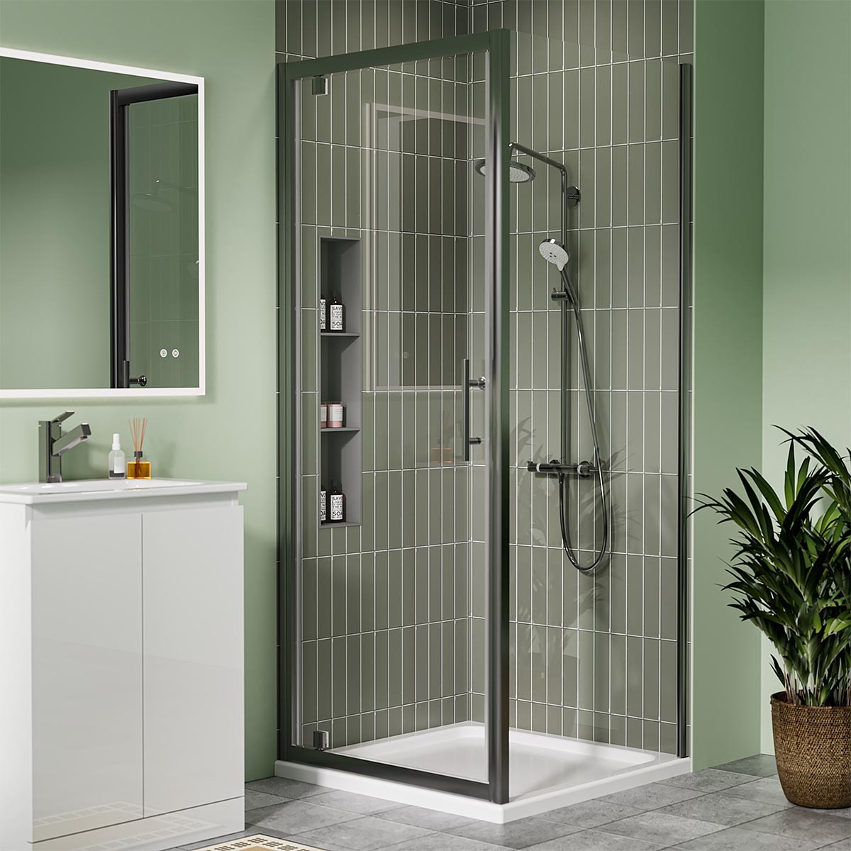 Crystal 6mm Gunmetal Pivot Shower Door 900mm