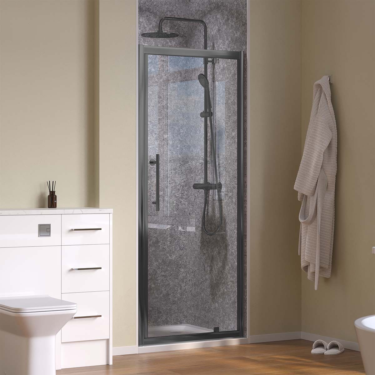 Crystal 6mm Gunmetal Pivot Shower Door 900mm