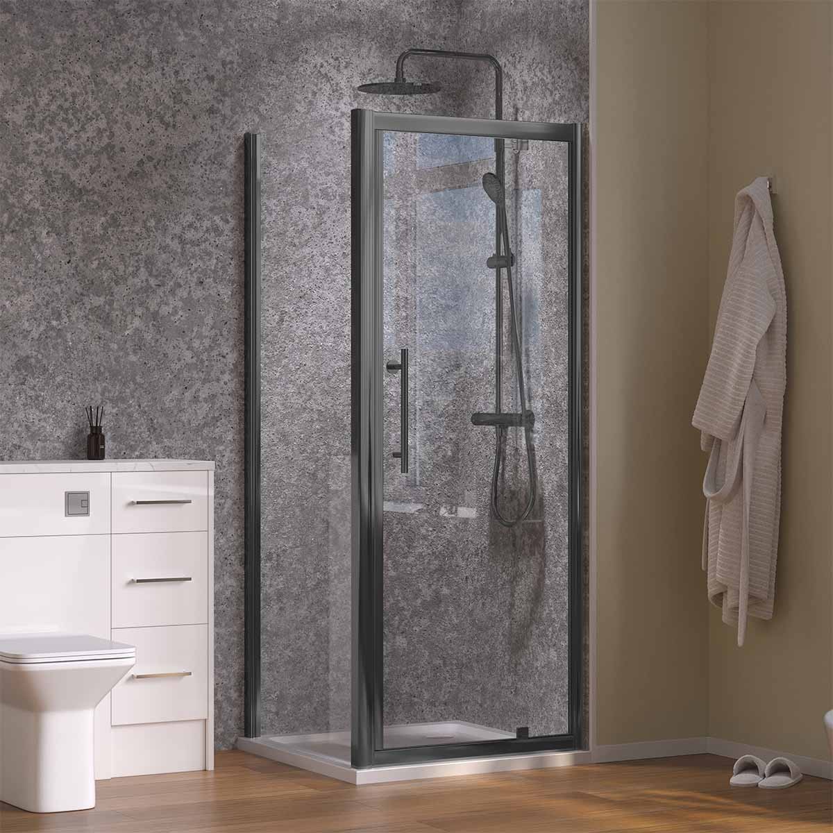 Crystal 6mm Gunmetal Pivot Shower Door 900mm