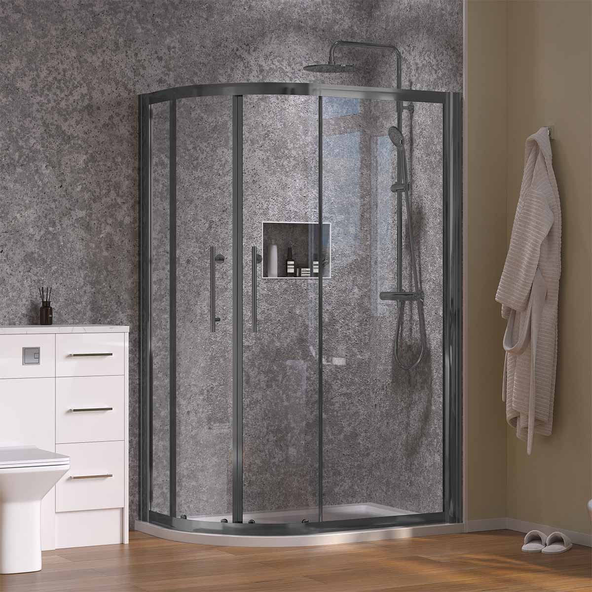 Crystal 6mm Gunmetal Offset Quadrant Enclosure 900x800mm