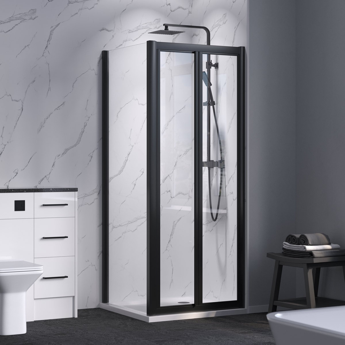 Crystal 6mm Matt Black Bifold Shower Door 900mm