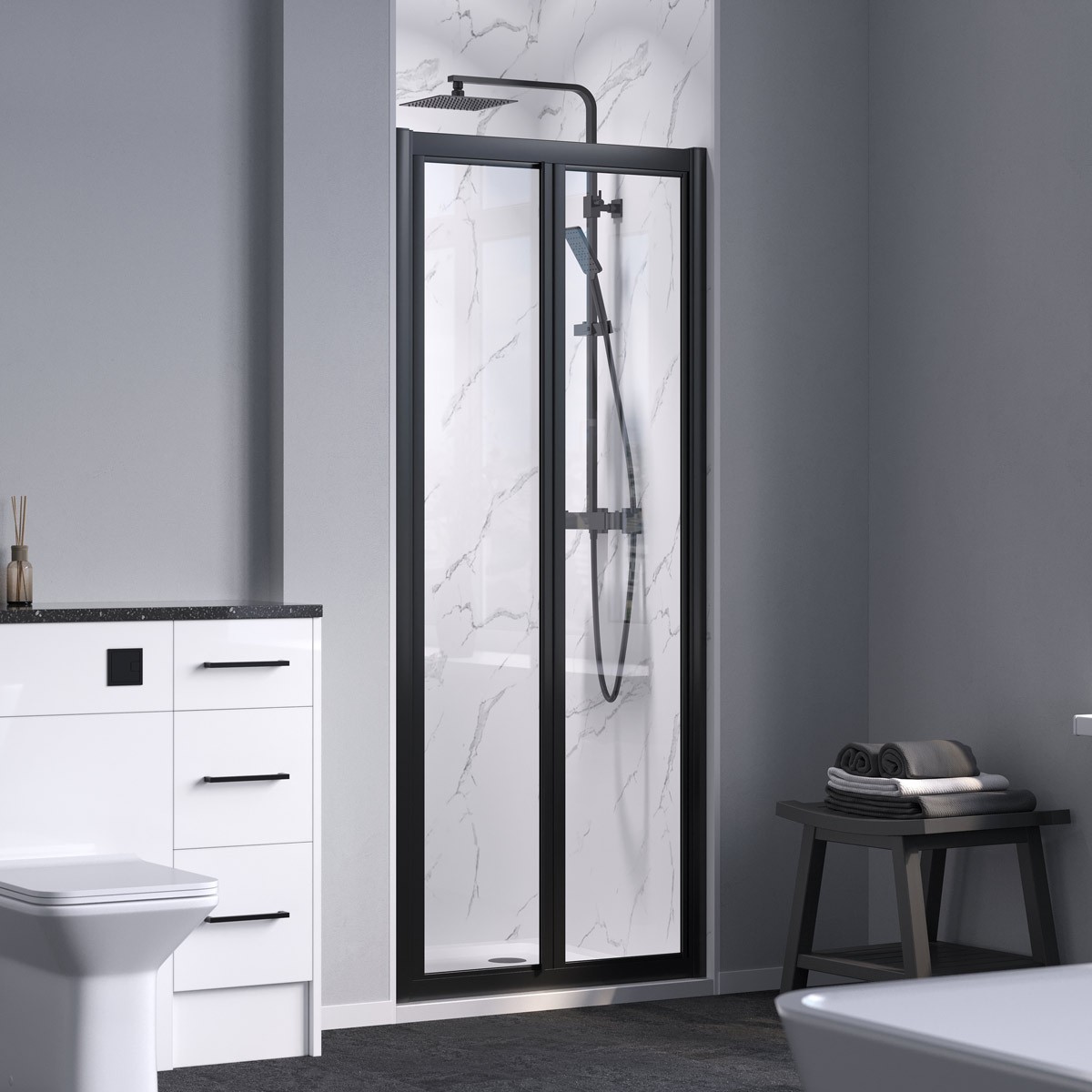 Crystal 6mm Matt Black Bifold Shower Door 1000mm
