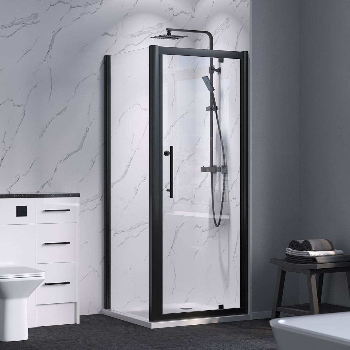 Crystal 6mm Matt Black Pivot Shower Door 900mm