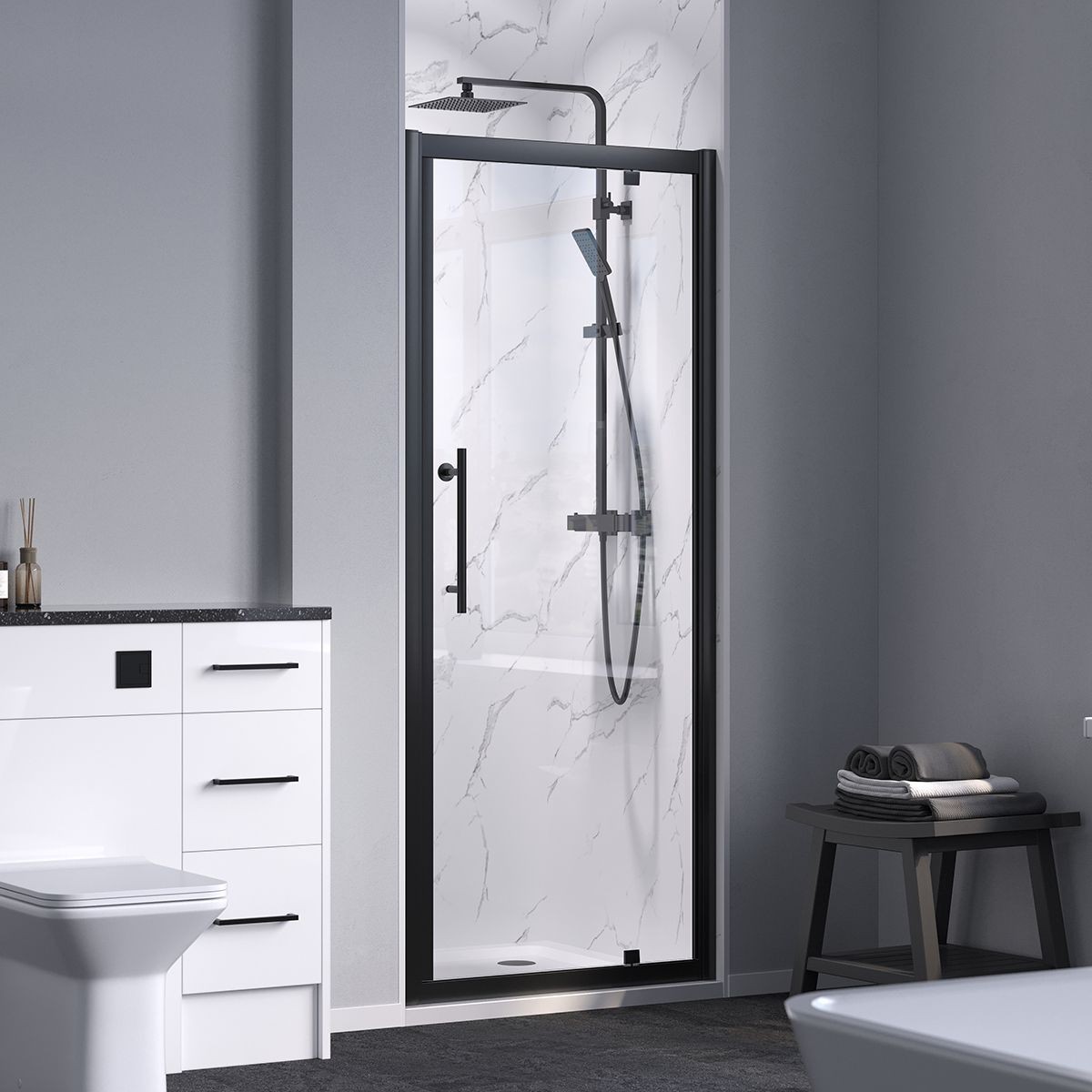 Crystal 6mm Matt Black Pivot Shower Door 900mm