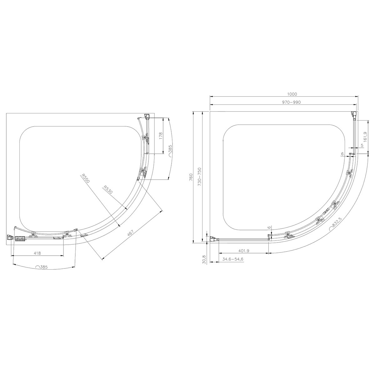 Crystal 6mm Matt Black Offset Quadrant Shower Enclosure 1000x760mm