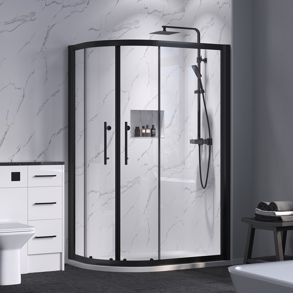 Crystal 6mm Matt Black Offset Quadrant Shower Enclosure 1200x760mm