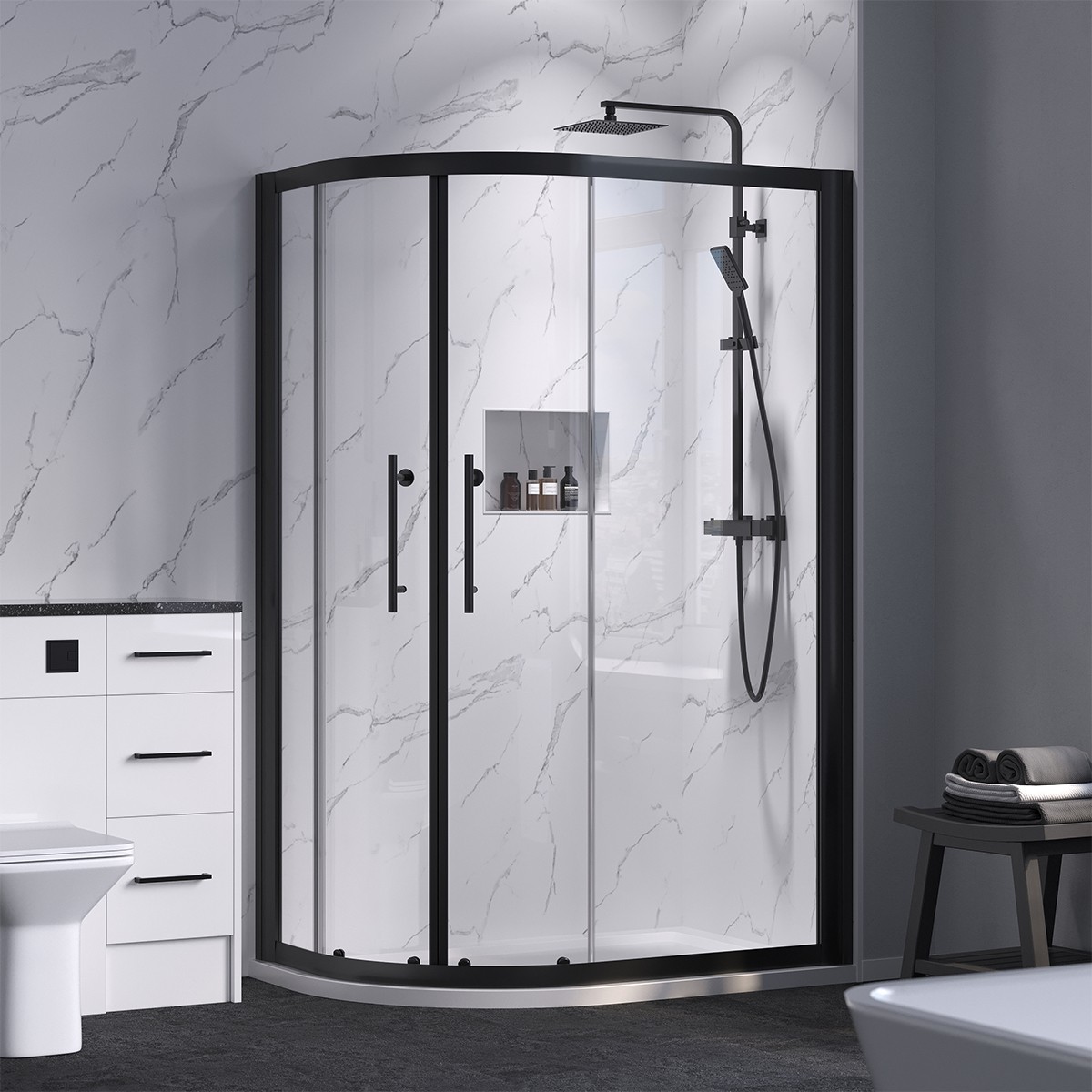 Crystal 6mm Matt Black Offset Quadrant Shower Enclosure 1300x760mm