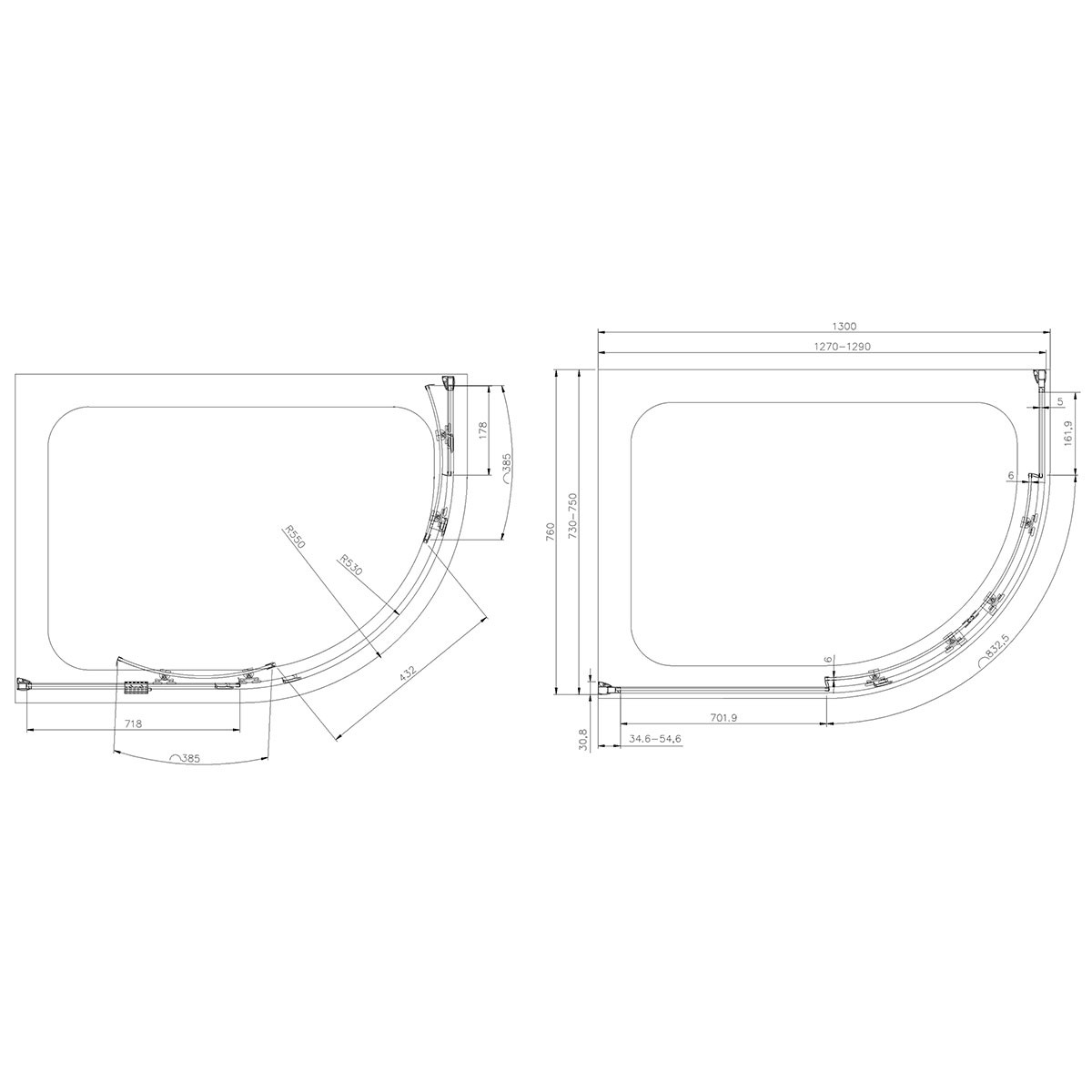 Crystal 6mm Matt Black Offset Quadrant Shower Enclosure 1300x760mm