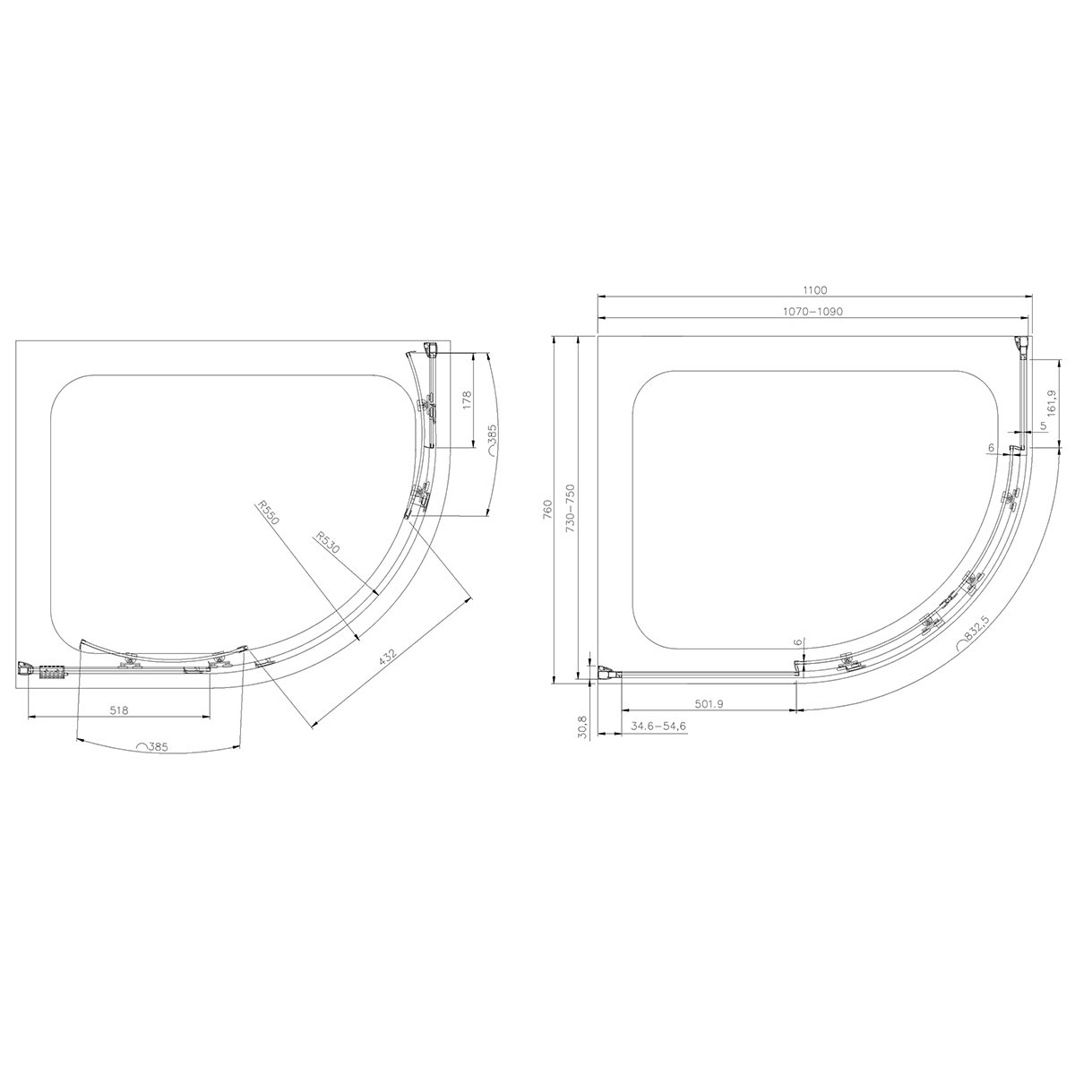 Crystal 6mm Chrome Offset Quadrant  Shower Enclosure 1100x760mm
