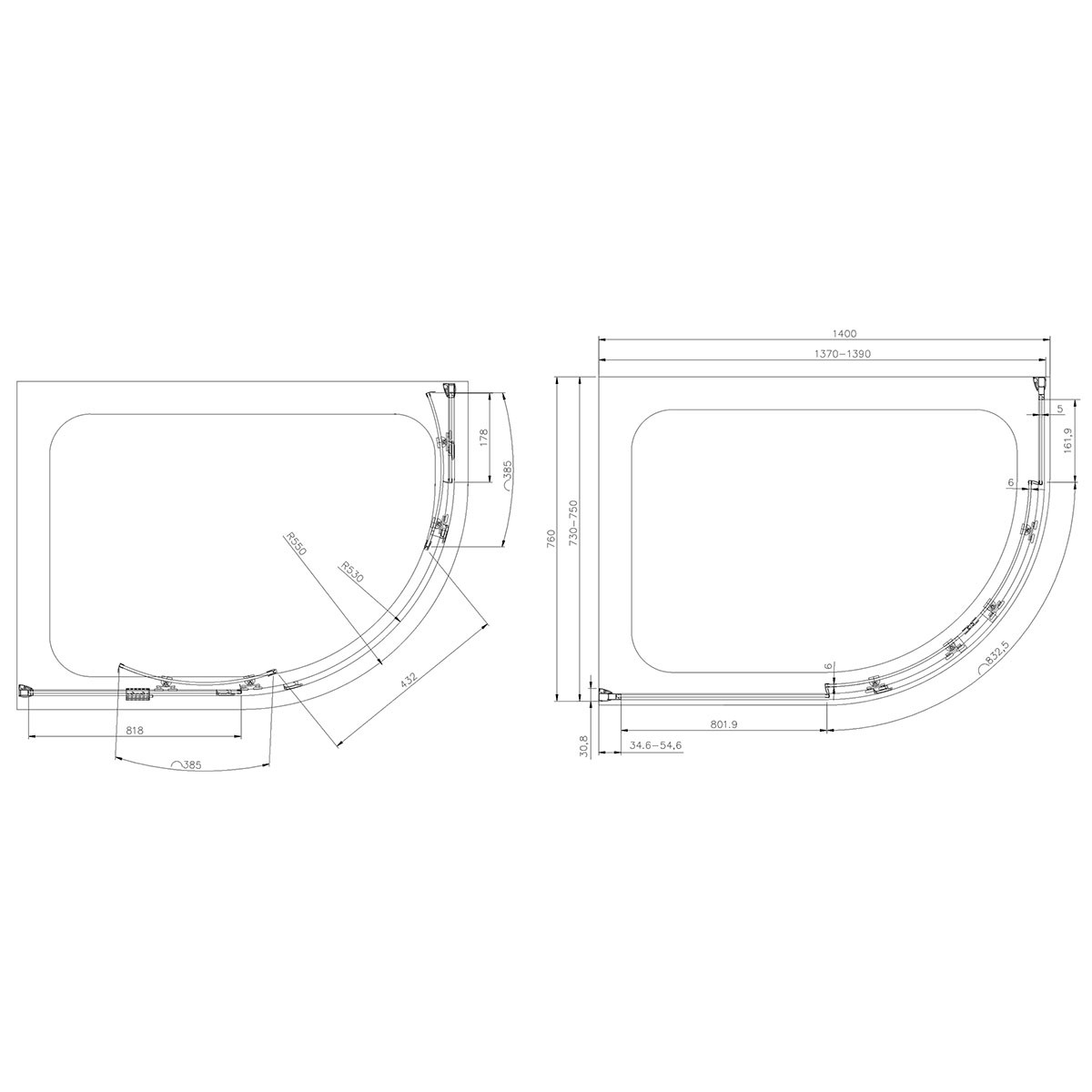 Crystal 6mm Chrome Offset Quadrant  Shower Enclosure 1400x760mm