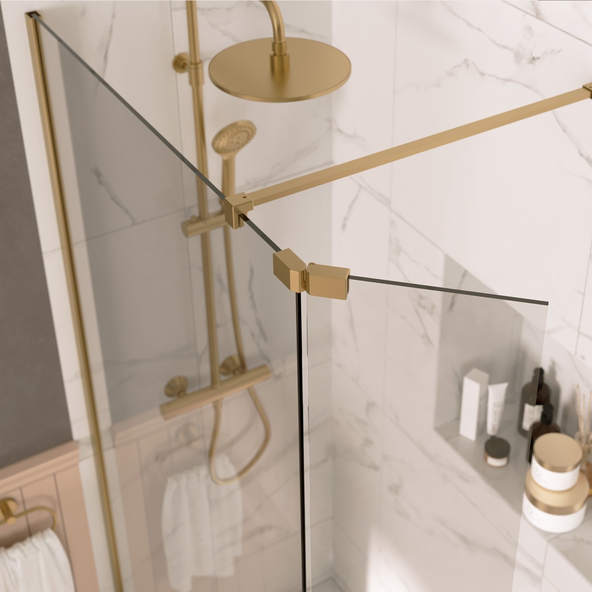 Sapphire 8mm Clear Glass Wet Room Foldaway Deflector Panel Brushed Brass 300mm LH