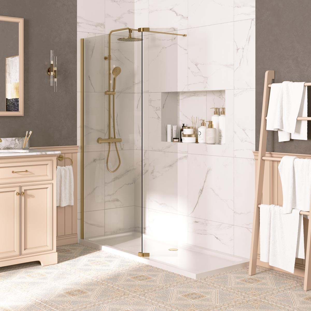 Sapphire 8mm Clear Glass Wet Room Foldaway Deflector Panel Brushed Brass 300mm LH