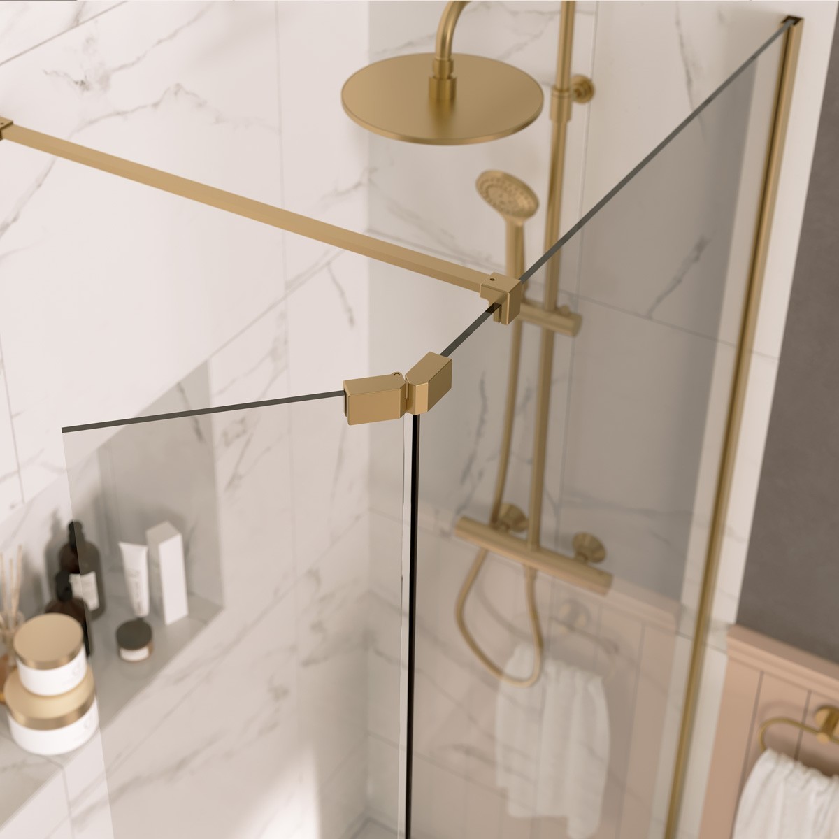 Sapphire Clear Glass Wet Room Foldaway Deflector Panel Brushed Brass 300mm RH